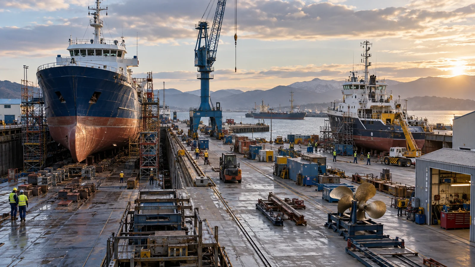 Vue large des ateliers de bassin &agrave; sec de chantier naval et des navires commerciaux, illustration &eacute;ditoriale