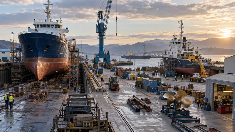 Wide view of shipyard dry docks workshops and commercial vessels, editorial illustration
