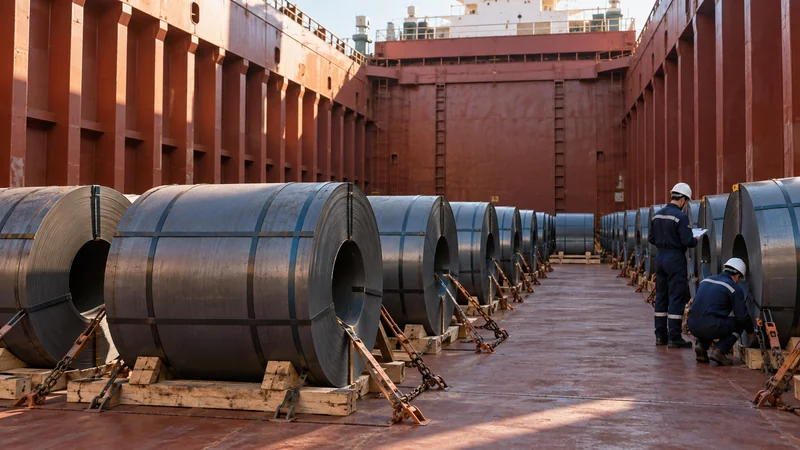 Steel coils secured inside a clean dry ship cargo hold, editorial illustration