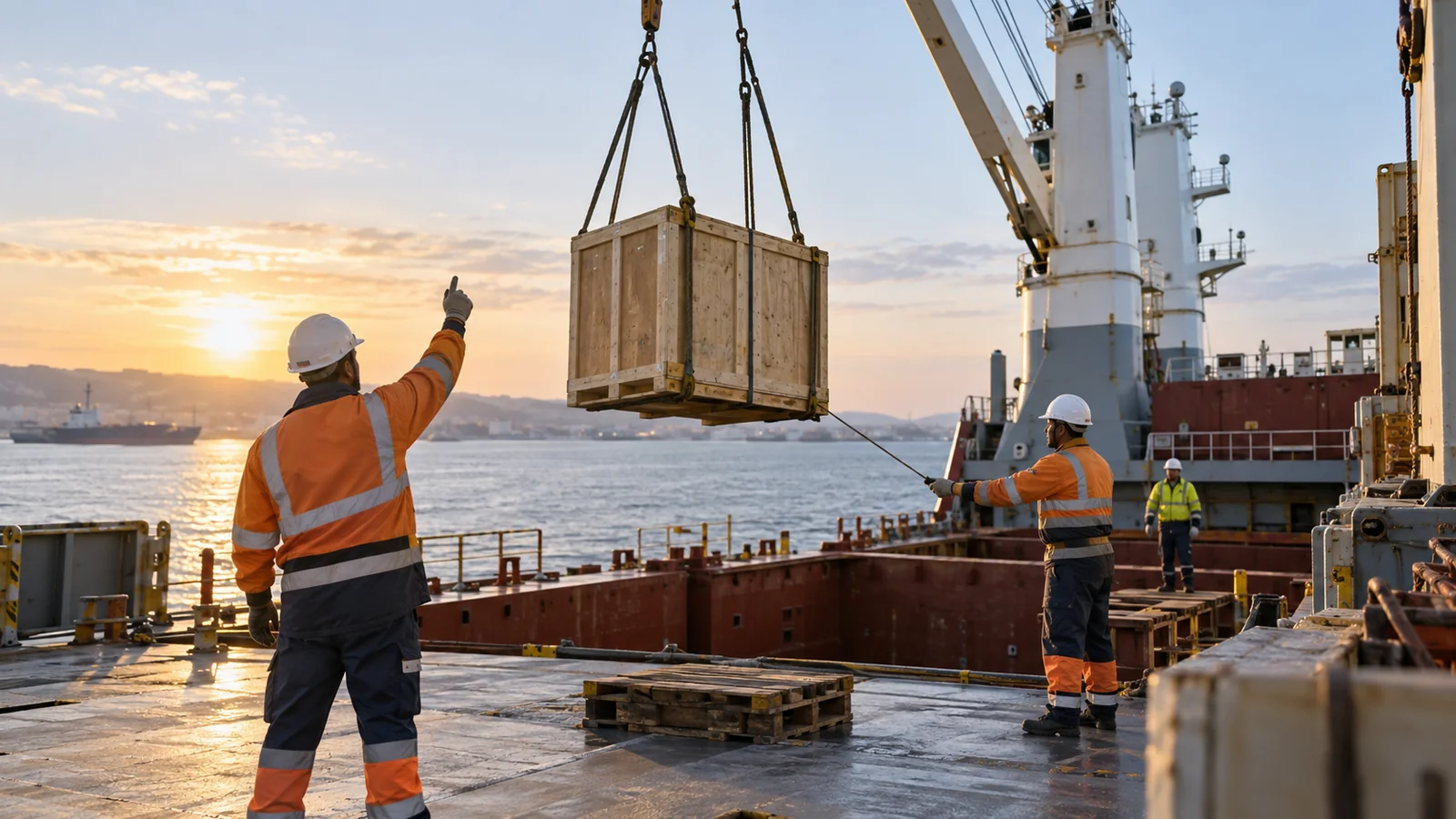 Stevedores in appropriate PPE overseeing ship crane loading a crate, editorial illustration