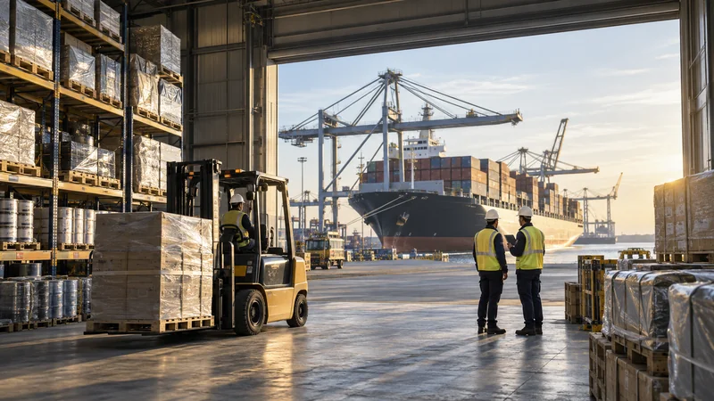 High bay warehouse with export inventory and port cranes beyond open doors, editorial illustration