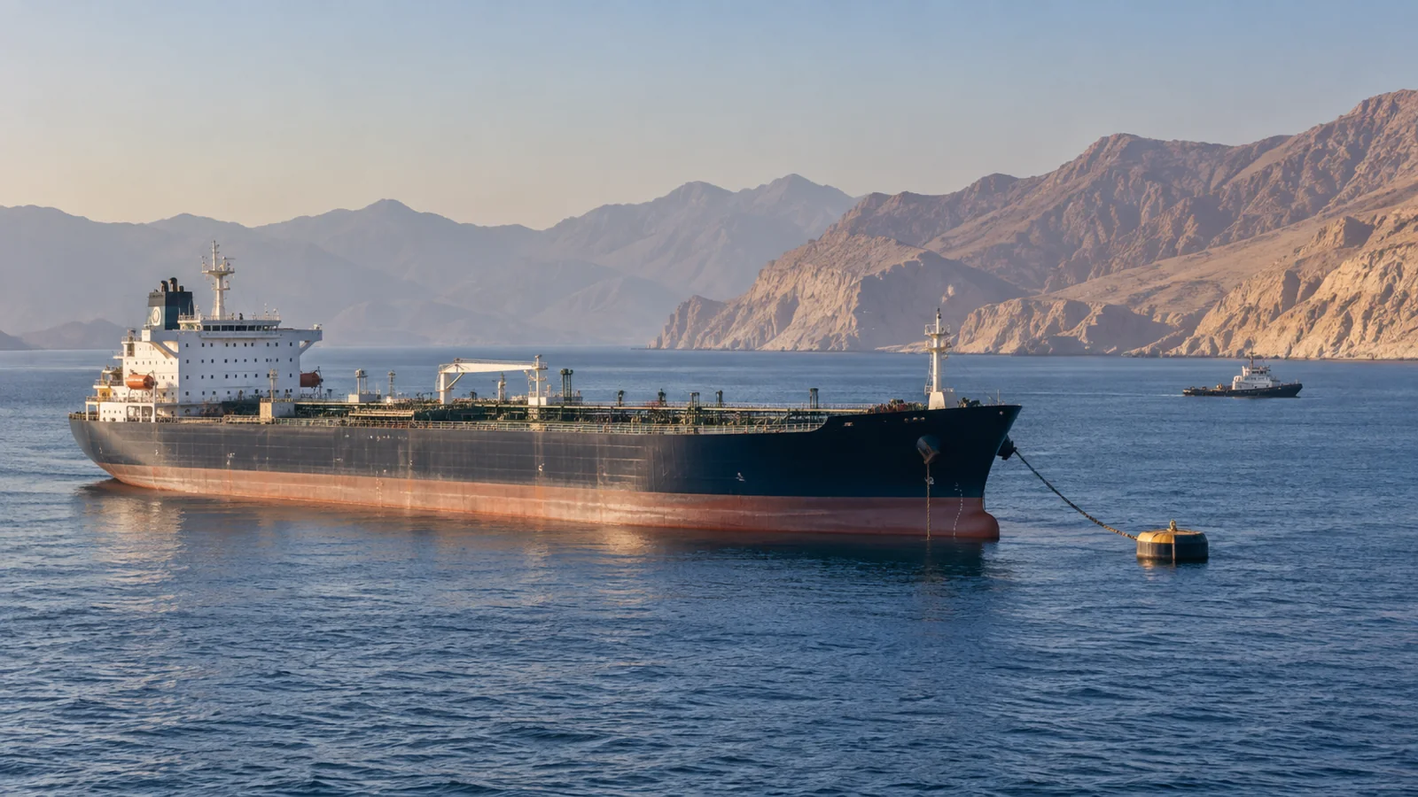 Ein Tanker vor Anker mit trockener Bergküste in der Ferne, redaktionelle Illustration