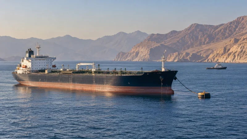 A tanker at anchor with dry mountainous coastline in the distance, editorial illustration