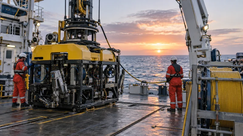 Subsea ROV and cable equipment prepared on offshore vessel deck, editorial illustration