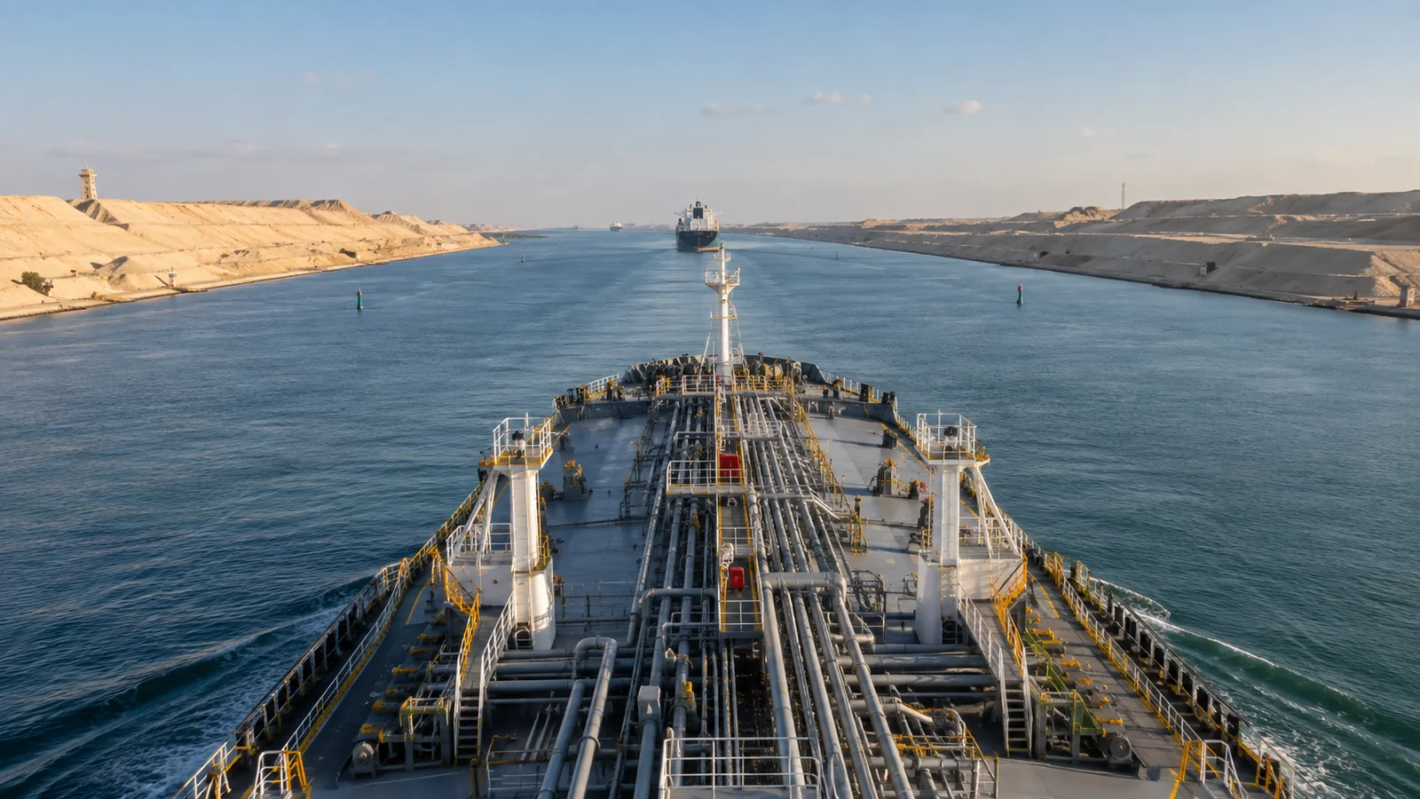 Commercial ship transiting straight canal bordered by sandy banks in clear daylight, editorial illustration