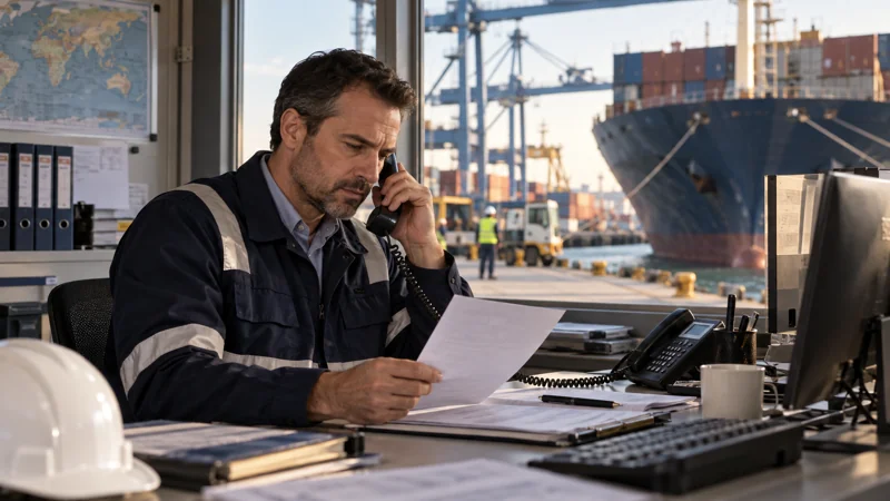 A shipping agent verifying a release message by telephone at a port desk, editorial illustration