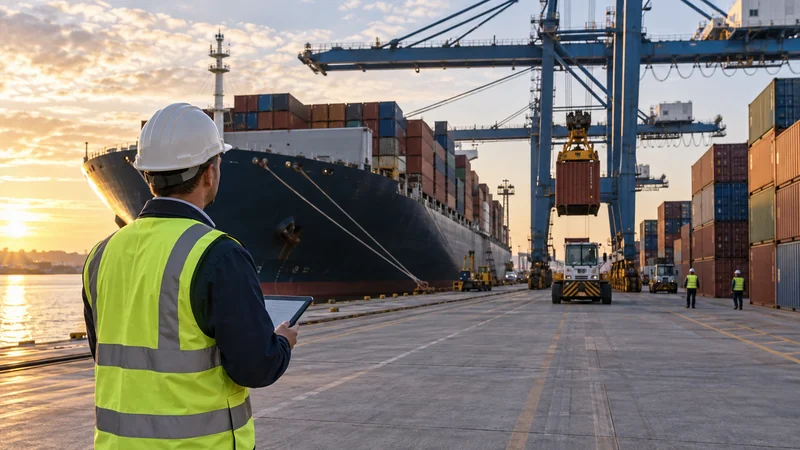 Container terminal operations supervisor surveying cargo stacks, editorial illustration