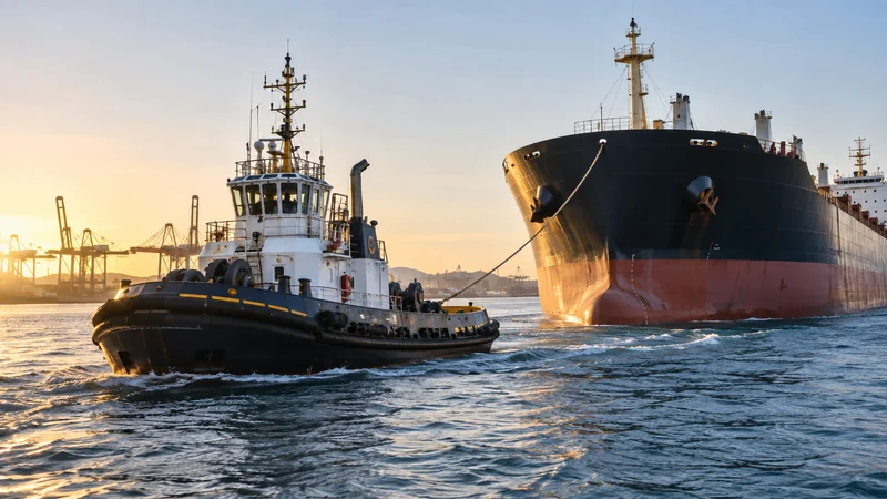Powerful harbour tug assisting a large cargo vessel with visible towline, editorial illustration