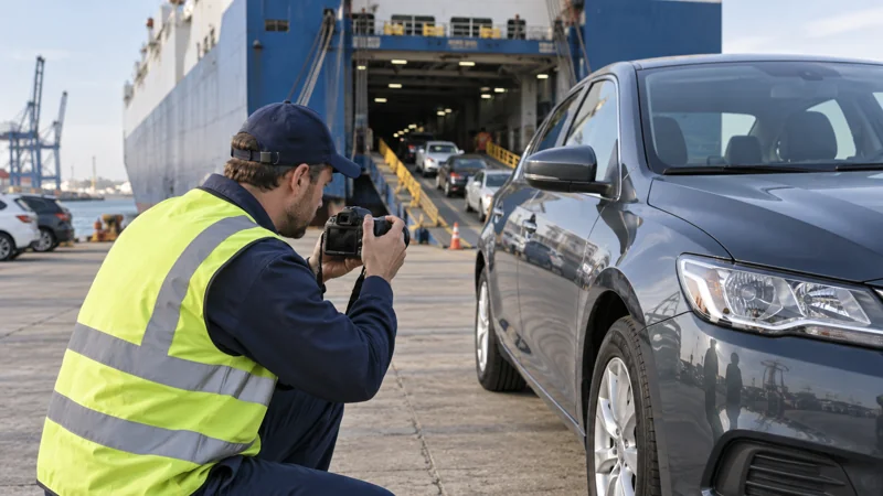 An inspector photographing an ordinary used car before vehicle carrier loading, editorial illustration