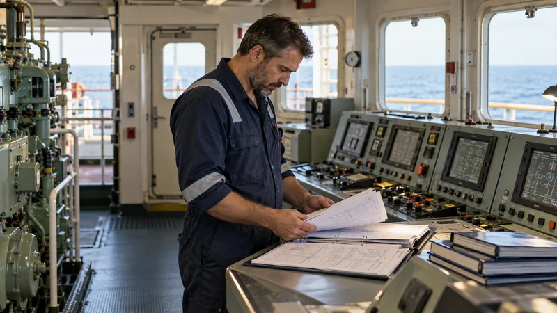 Ship engineer reviewing machinery maintenance documents in engine control room, editorial illustration