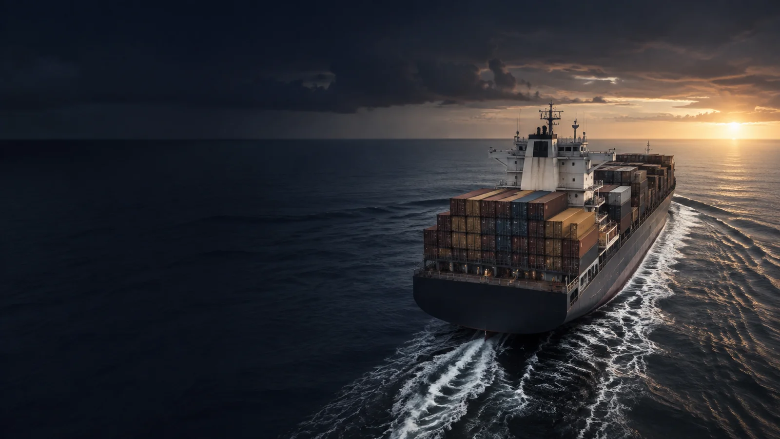 Commercial vessel heading into a dark open sea beneath distant storm clouds