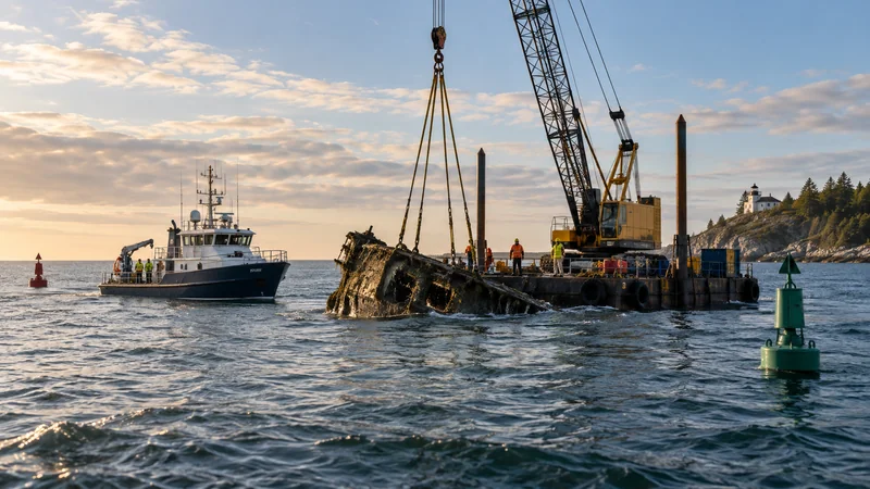 Marine survey vessel and floating crane working near marked coastal shallows, editorial illustration