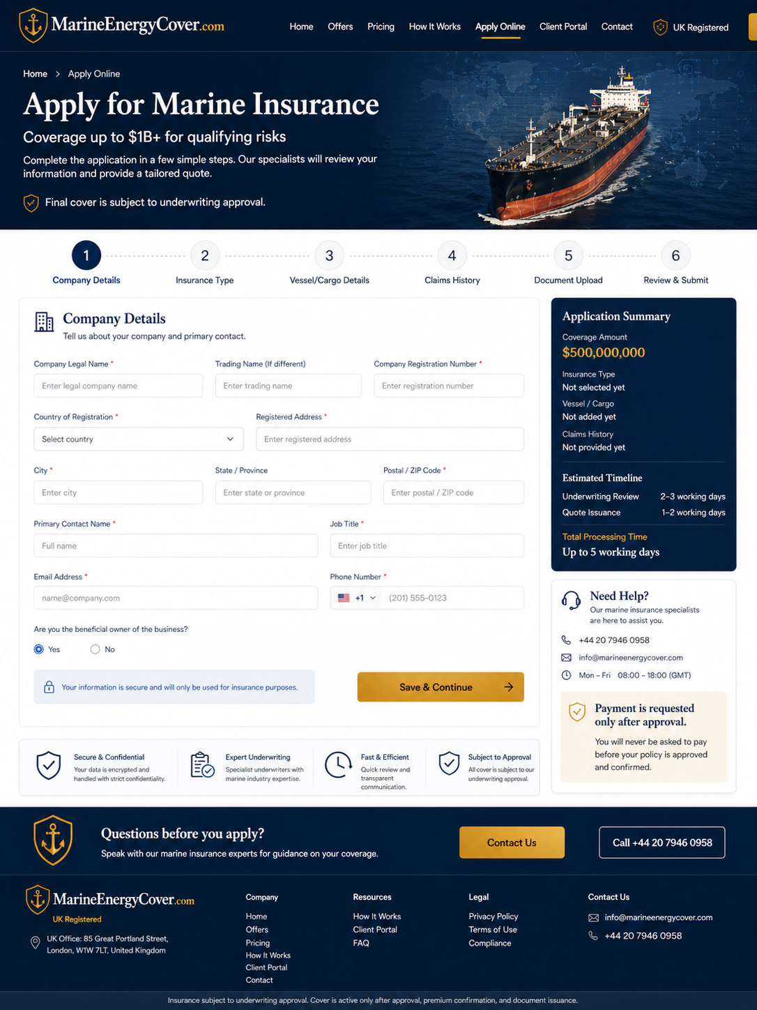 Marine insurance signup portal